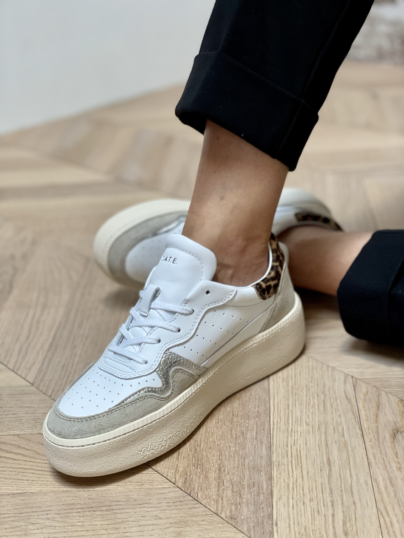 D.A.T.E Step Calf White-Leopard Sneakers